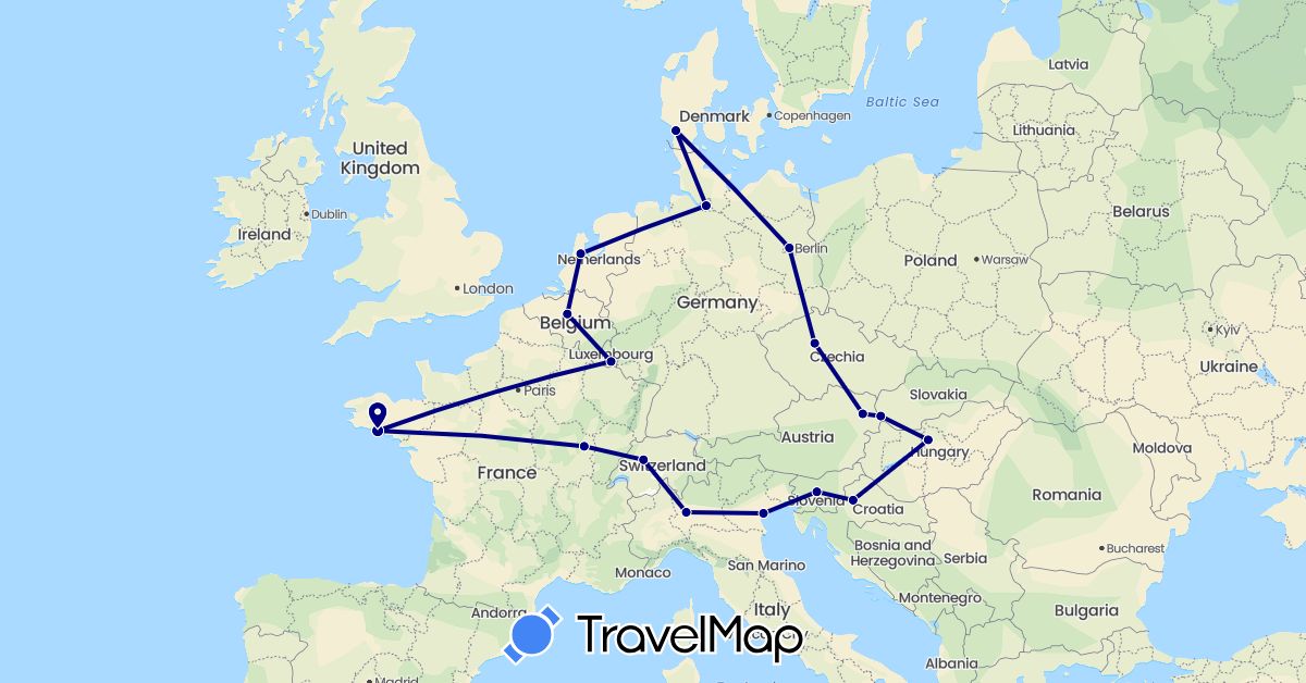TravelMap itinerary: driving in Austria, Belgium, Switzerland, Czech Republic, Germany, Denmark, France, Croatia, Hungary, Italy, Luxembourg, Netherlands, Slovenia, Slovakia (Europe)
